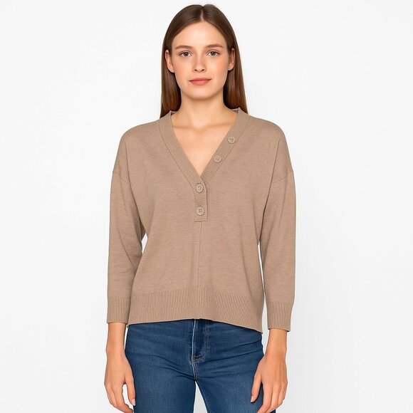 LILIA P Oversized Button Henley Contrast Stitching Popover Sweater in Flax NEW S - Picture 1 of 8